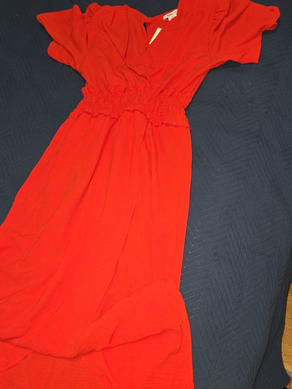 Tomato Red Smocked  Waist V-Neck Women’s Flutter Tulip Maxi Dress